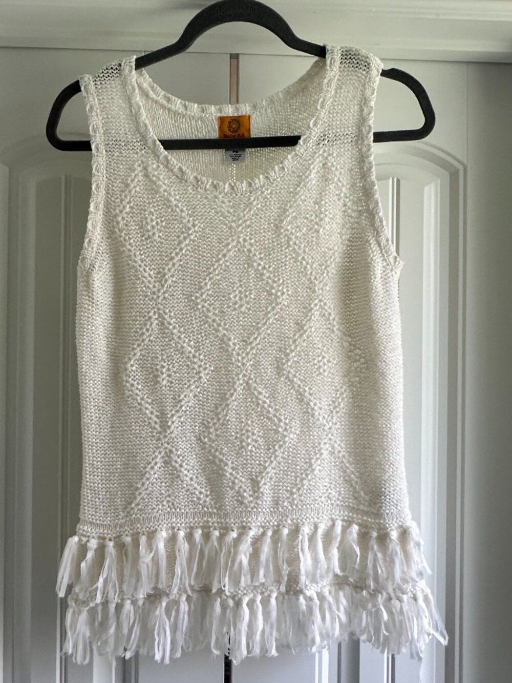 Ruby Rd. White Crochet Sleeveless Top w Fringe Size Petite Medium NWOT